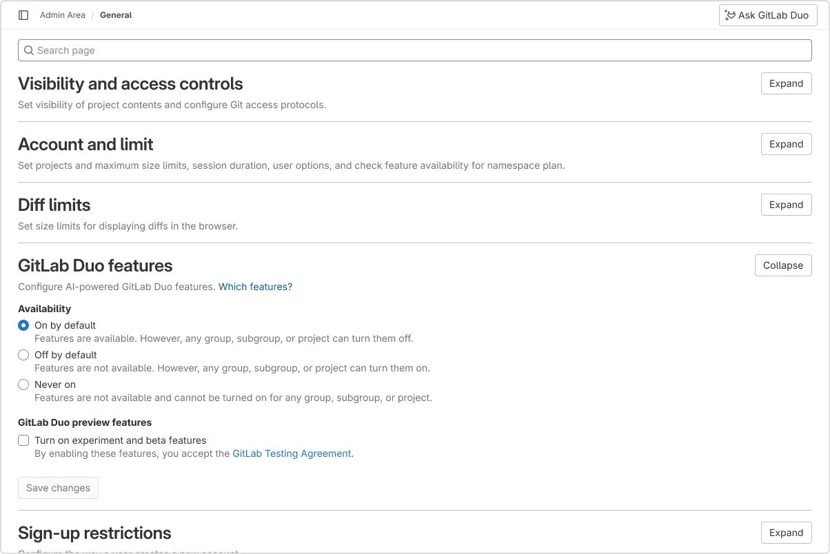 The AI settings UI in GitLab